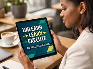 Woman reading Unlearn Learn Execute Playbook